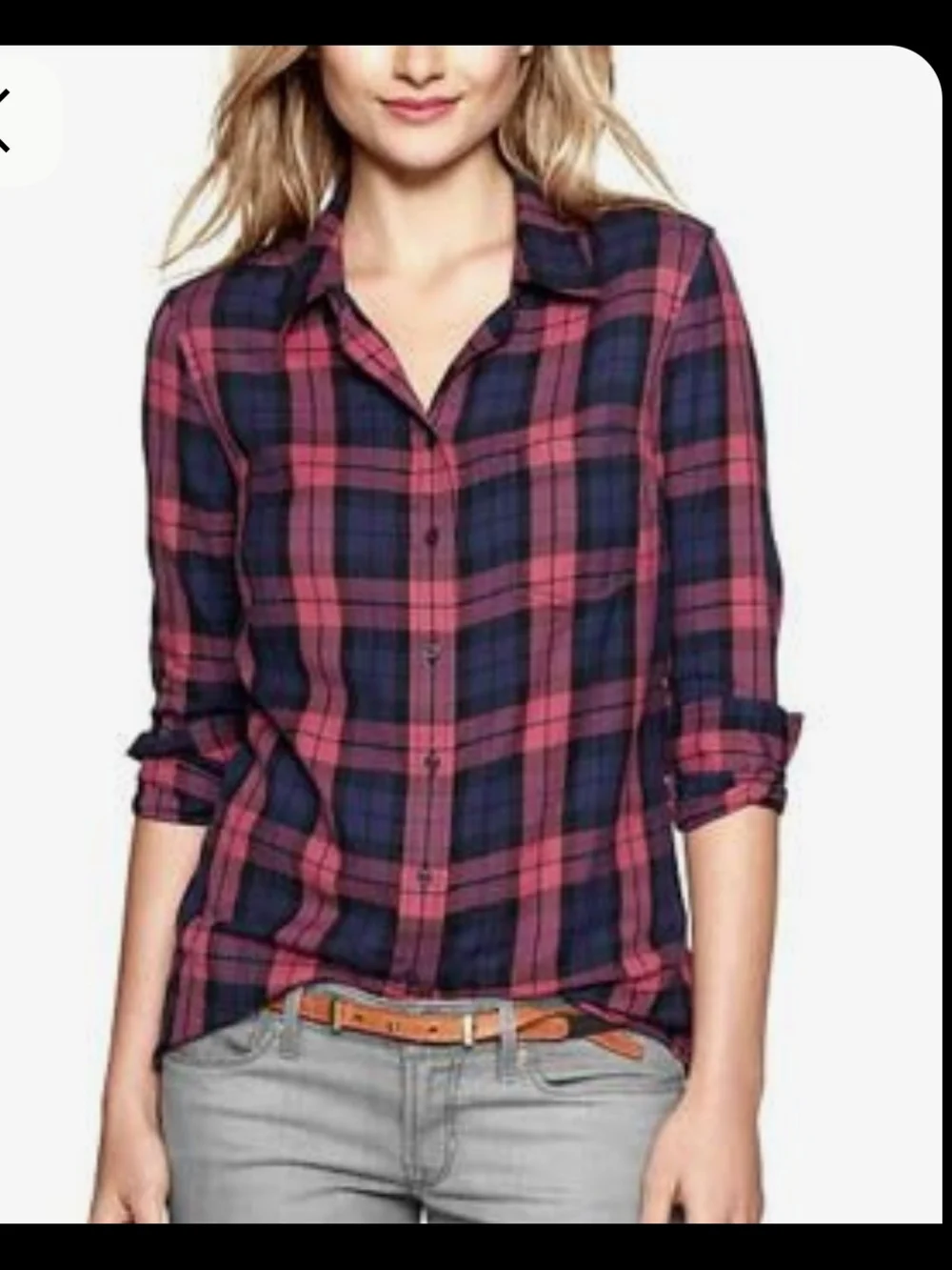 Women’s Pink and Navy Plaid Button-Up Shirt Boyfriend Style Lightweight.